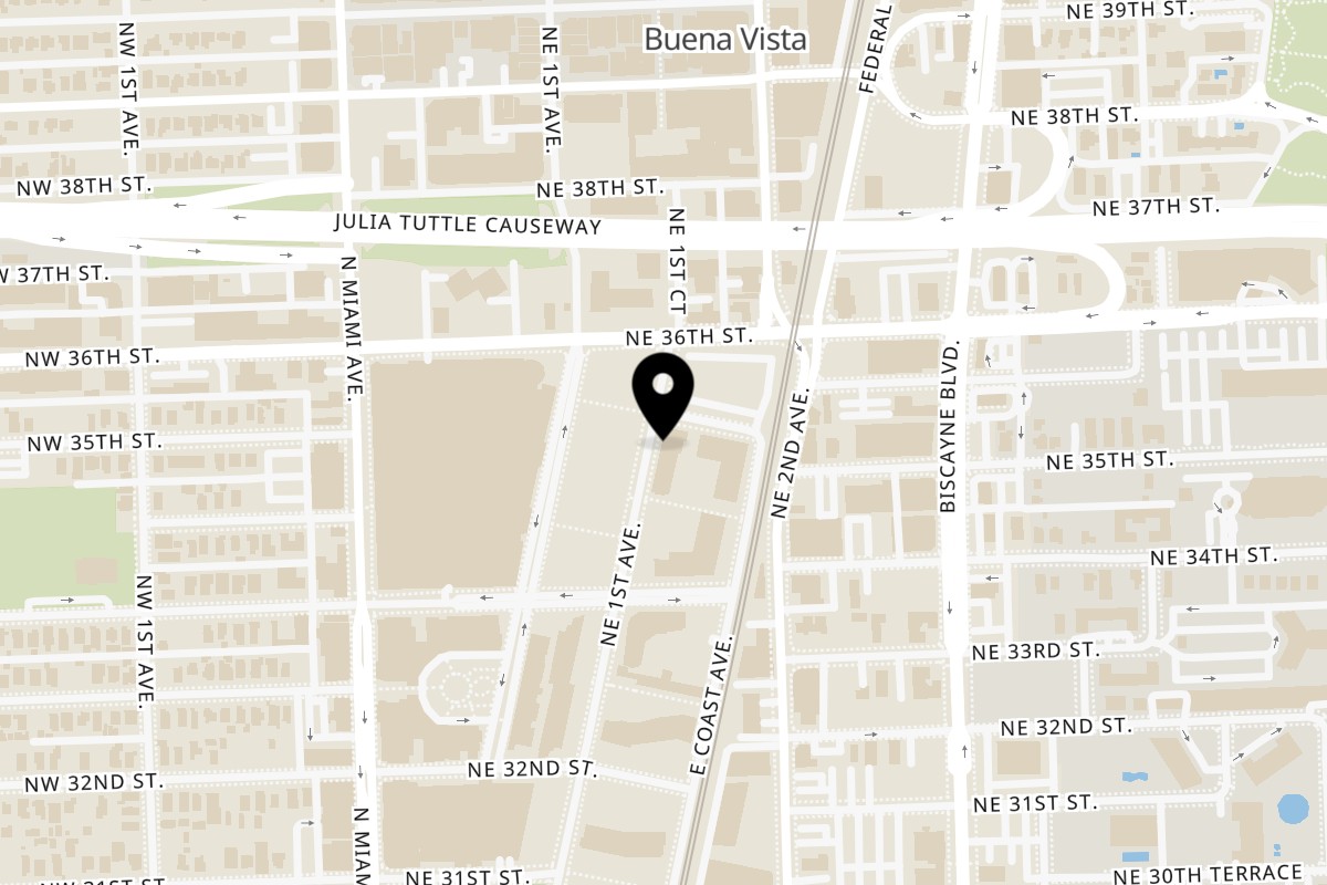 Map showing the location of Angelina's Eatery + Cafe on 3451 NE 1st Ave #102B in Miami